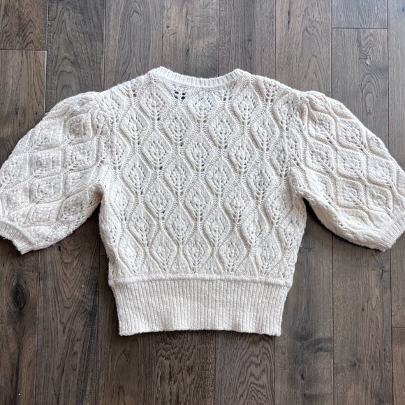 7 For All Mankind Pointelle Crochet Sweater Cream Bubble Sleeve Size M Boho Chic - Picture 3 of 7